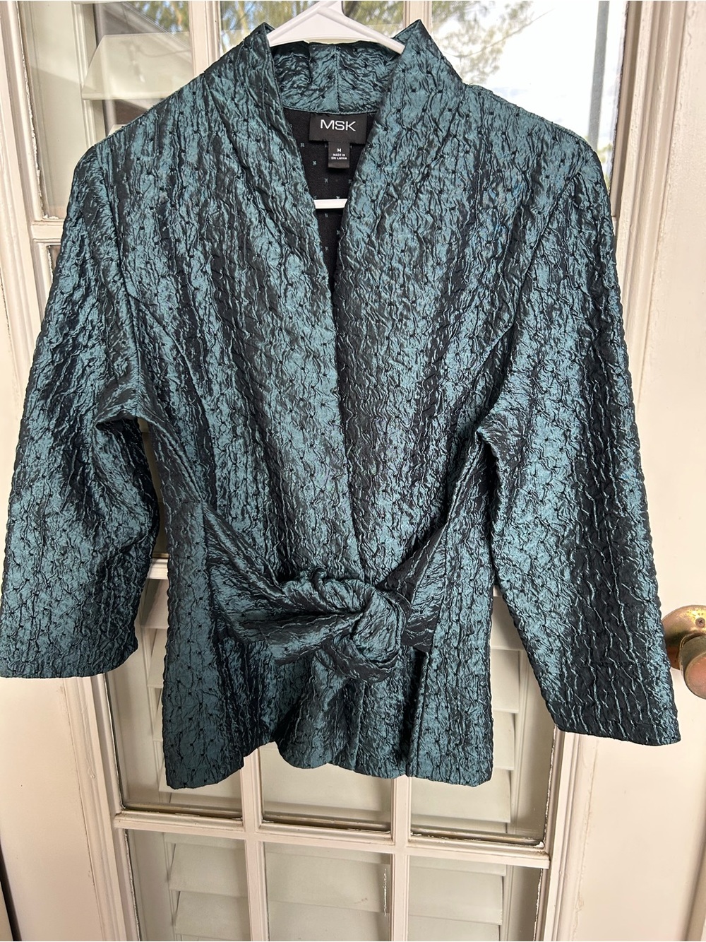 MSK Teal Crinkled Kimono-Style Tie-Front Jacket
